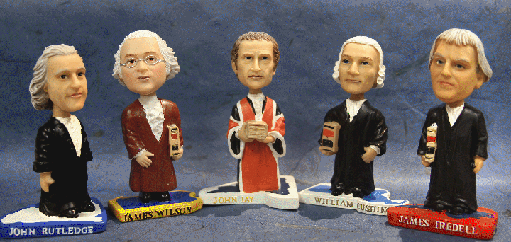 Bobbleheads of the five original legal justices.