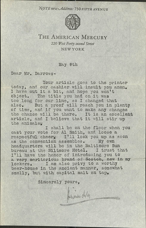 H. L. Mencken to Clarence Darrow, May 9, 1924