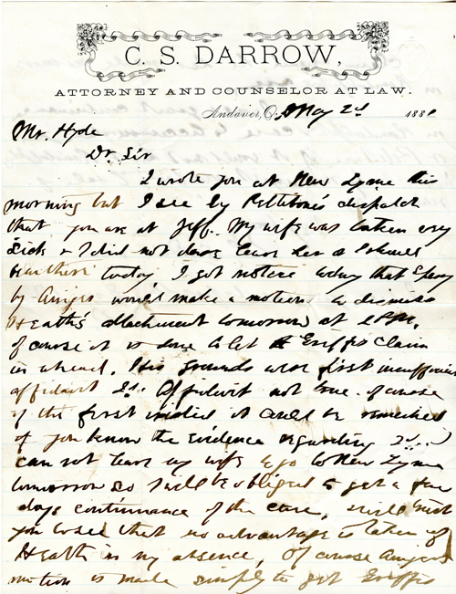Clarence Darrow to Nelson Hyde, May 2, 1881 page one