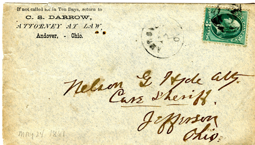 Clarence Darrow to Nelson Hyde, May 2, 1881 envelope