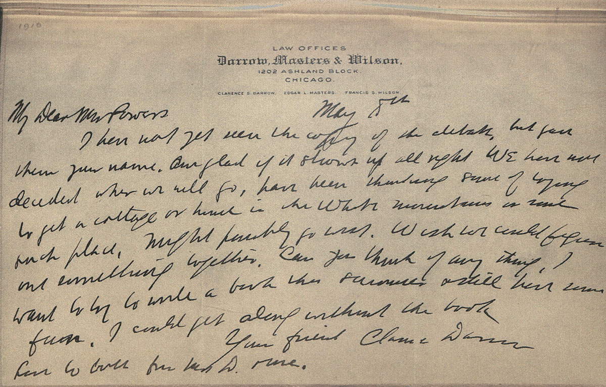 Clarence Darrow to Reverend L. M. Powers, May 8, 1910