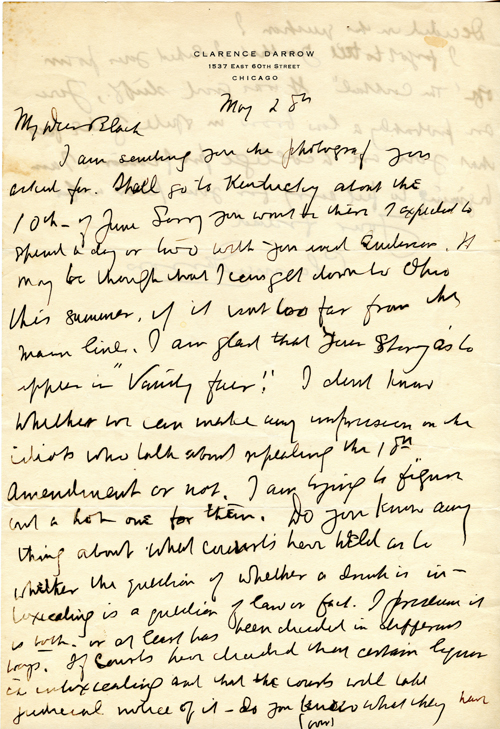 Clarence Darrow to Professor Forrest R. Black, May 28, ???? page one