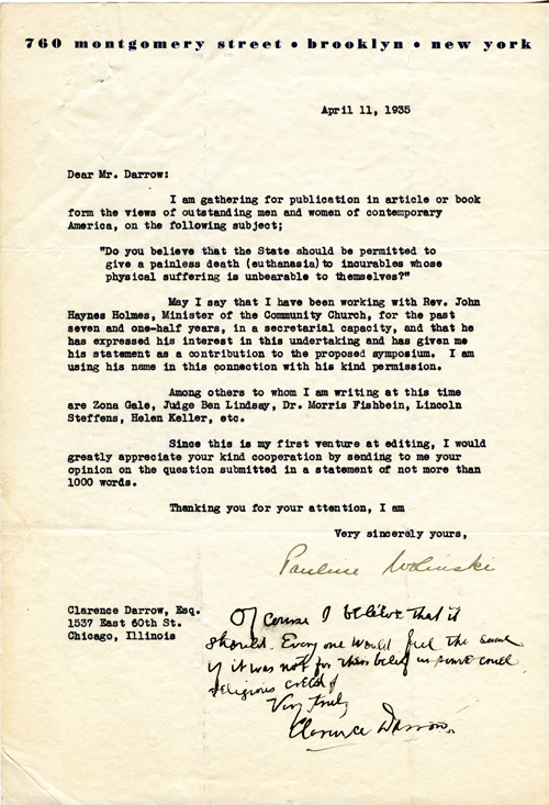 Clarence Darrow to Pauline Wolinski, Apr 11, 1935