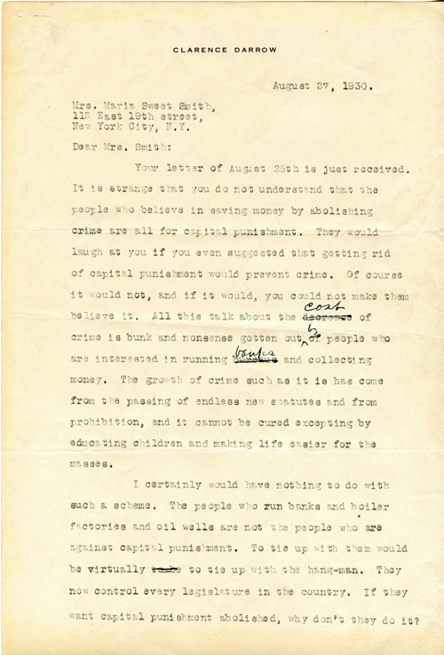 Clarence Darrow to Marie Sweet Smith, Aug 27, 1930 page one