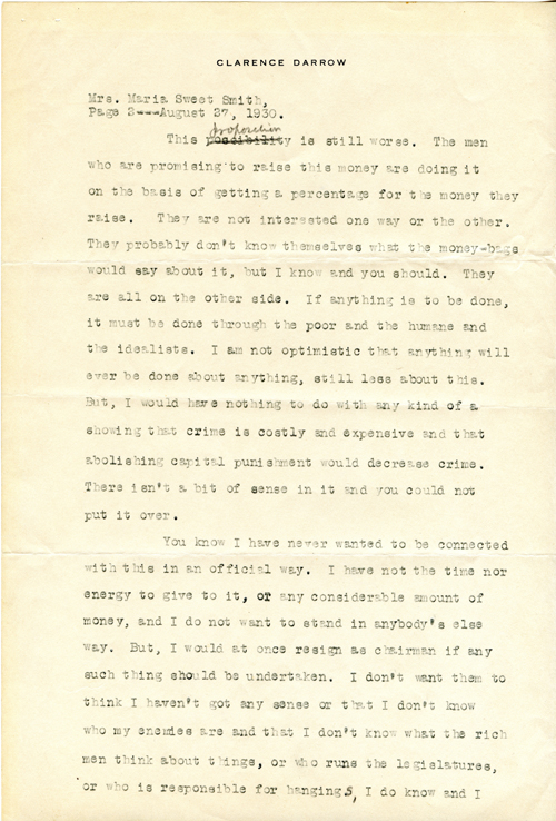 Clarence Darrow to Marie Sweet Smith, Aug 27, 1930 page two