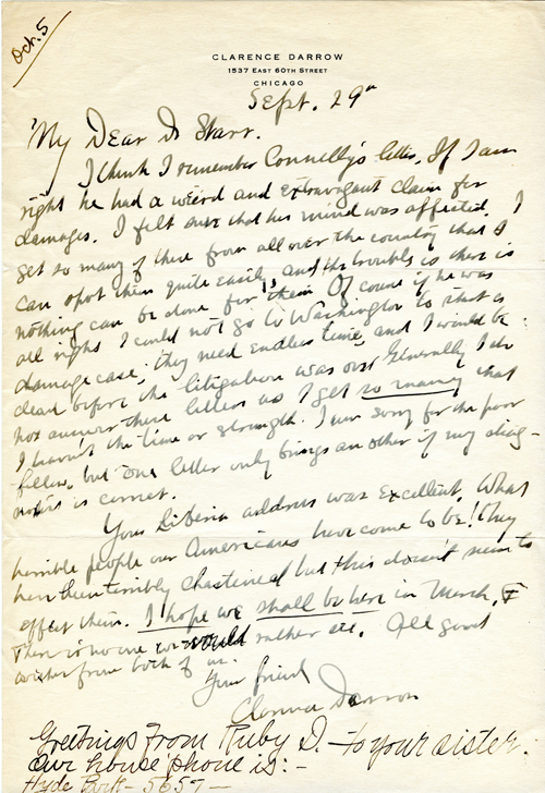 Clarence Darrow to Frederick Starr, Sep 29, ????