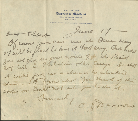 Clarence Darrow to Elbert Hubbard, Jun 17, ????