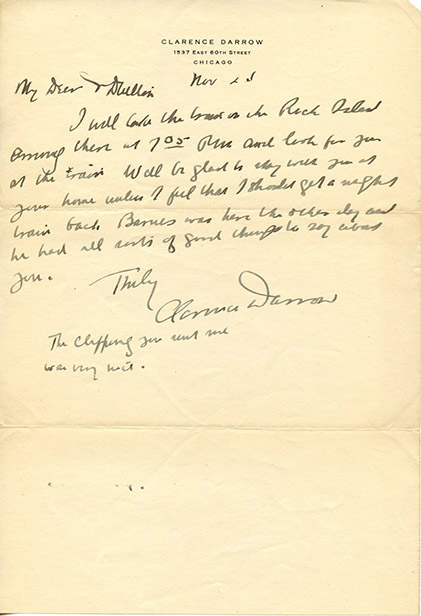 Image 1 of letter from   Clarence Darrow to   Charles J. Dutton