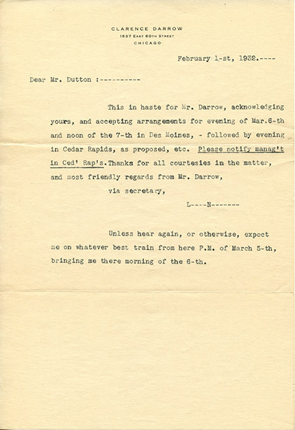 Image 1 of letter from   Clarence Darrow to   Charles J. Dutton