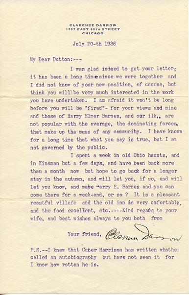 Image 1 of letter from   Clarence Darrow to   Charles J. Dutton