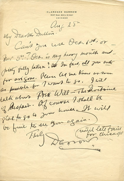 Image 1 of letter from   Clarence Darrow to   Charles J. Dutton