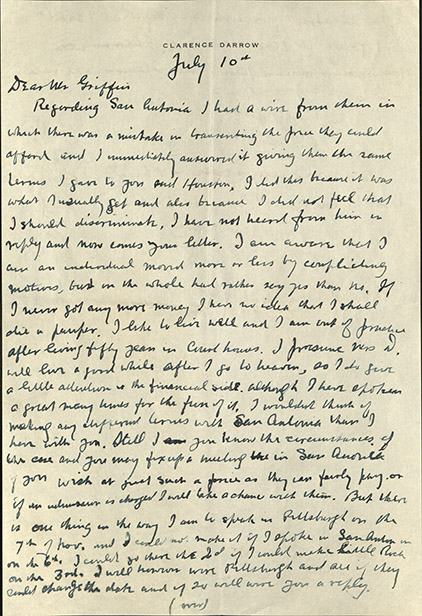 Image 1 of letter from   Clarence Darrow to  Mr. Griffin