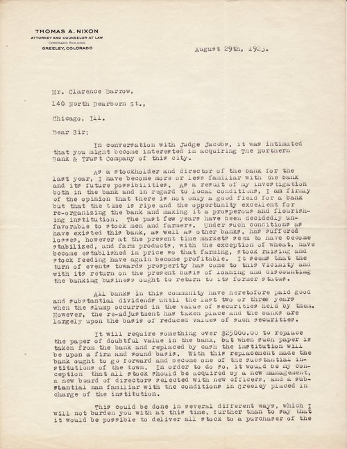 Thomas A. Nixon to Clarence Darrow, August 29, 1923, page one
