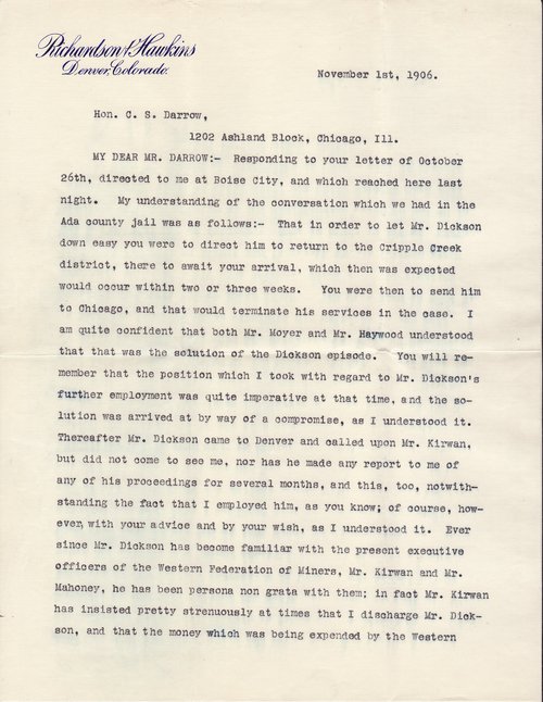 Edmond F. Richardson to Clarence Darrow, November 1, 1906 page one