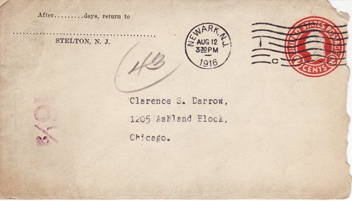 William Thurston Brown to Clarence Darrow, August 11, 1916, envelope