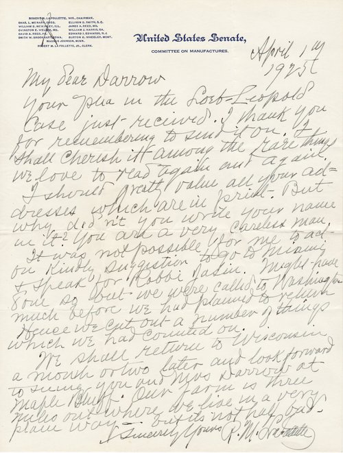 Robert M. La Follette to Clarence Darrow, April 1, 1925