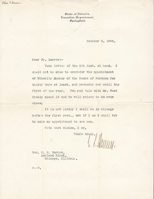 Charles S. Deneen to Clarence Darrow, October 9, 1905