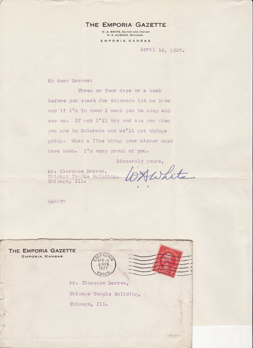 W. A. White to Clarence Darrow, April 19, 1927