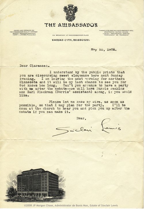 Sinclair Lewis to Clarence Darrow, May 10, 1926