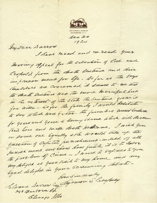 Algernon Sidney Crapsey to Clarence Darrow, December 30, 1924