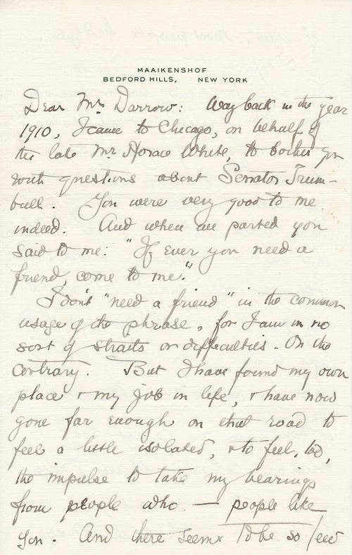 Katherine Mayo to Clarence Darrow, February 16, 1928, page one