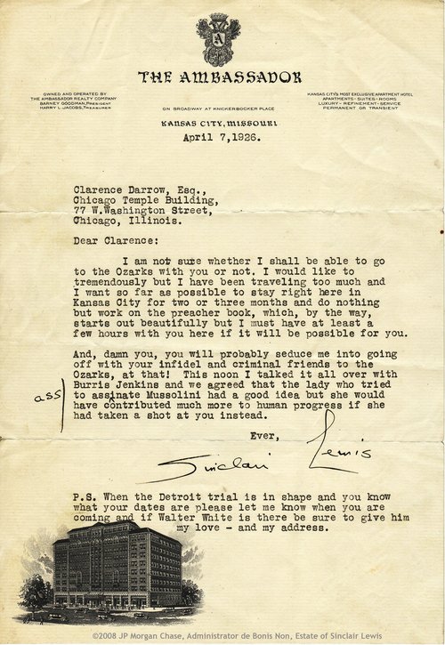 Sinclair Lewis to Clarence Darrow, April 7, 1926