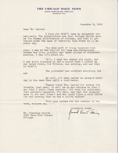 Howard Vincent O'Brien to Clarence Darrow, December 12, 1931