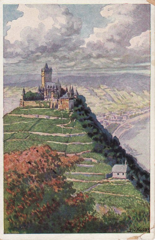 Anita Loos to Clarence Darrow, June 6, 1926, postacard image of Cochem Castle in Germany overlooking river 