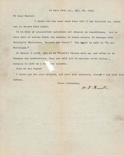 William Dean Howells to Clarence Darrow, November 20, 1903