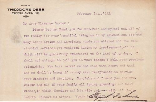Eugene Debs to Clarence Darrow, February 1, 1922