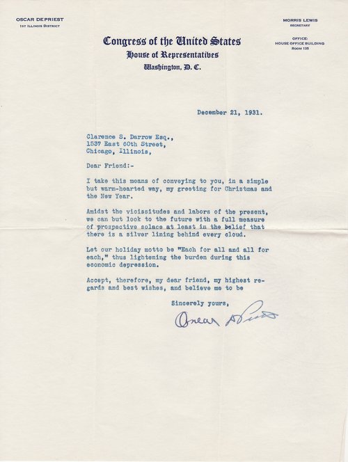 Oscar De Priest to Clarence Darrow, December 21, 1931, Separate Letter One