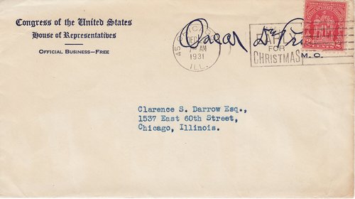 Oscar De Priest to Clarence Darrow, December 21, 1931, Envelope