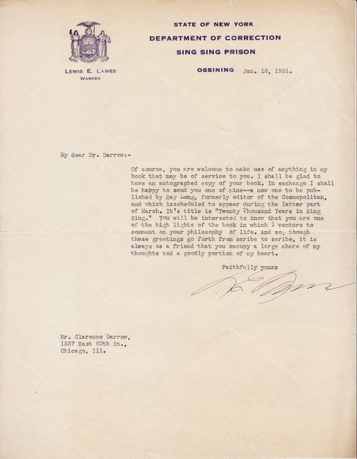 Lewis E. Lawes to Clarence Darrow, January 18, 1931