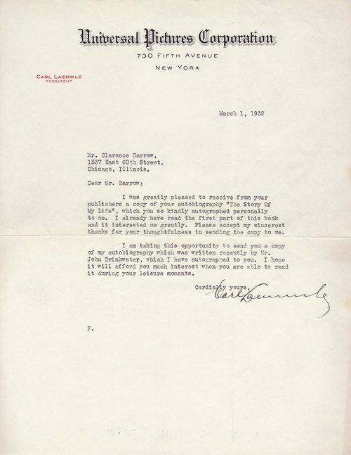 Carl Laemmle to Clarence Darrow, March 1, 1932