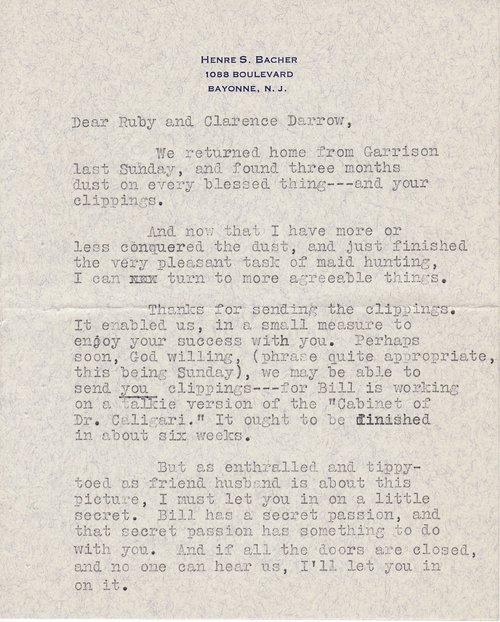 Henre S. Bacher to Ruby and Clarence Darrow, September 27, 1931, page one