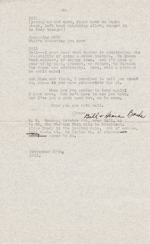 Henre S. Bacher to Ruby and Clarence Darrow, September 27, 1931, page two
