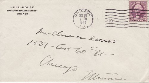 Jane Addams to Clarence Darrow, October 20, 1932, envelope