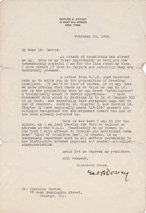 George A. Dorsey to Clarence Darrow, February 18, 1926