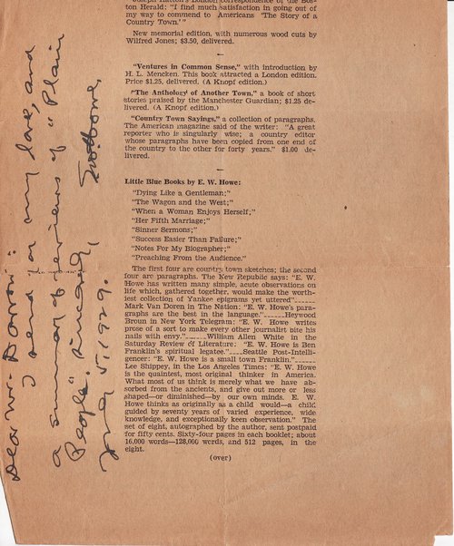 Edgar Watson Howe to Clarence Darrow, July 5, 1929, page one