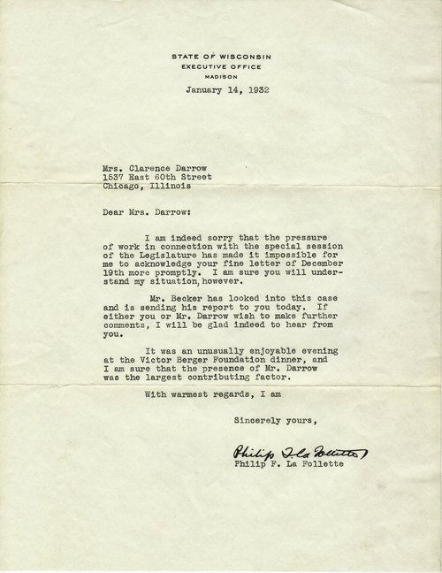 Richard Bennett to Clarence Darrow, December 10, 1932