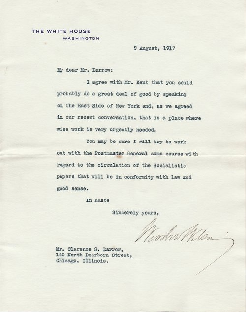 Woodrow Wilson to Clarence Darrow, August 9, 1917, page one