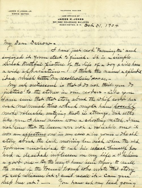 James K. Jones to Clarence Darrow, October 31, 1904, page one