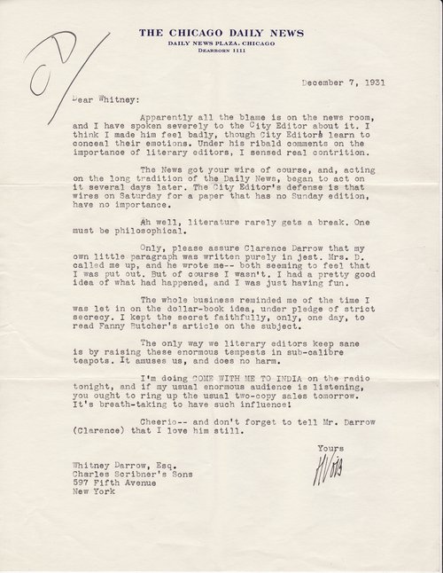 Howard Vincent O'Brien to Whitney Darrow, December 7, 1931