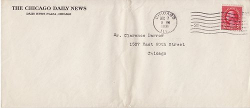 Howard Vincent O'Brien to Whitney Darrow, December 7, 1931, envelope