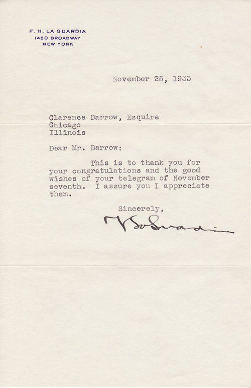 F. H. La Guardia to Clarence Darrow, November 25, 1933