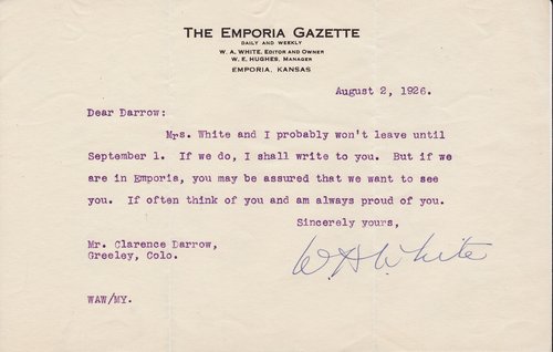 W. A. White to Clarence Darrow, August 2, 1926