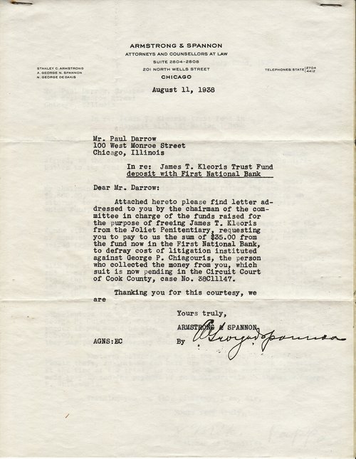 A. George Spannon to Paul Darrow, August 11, 1938