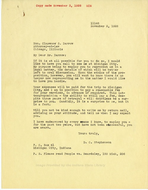 D. C. Stephenson to Clarence Darrow, November 2, 1928