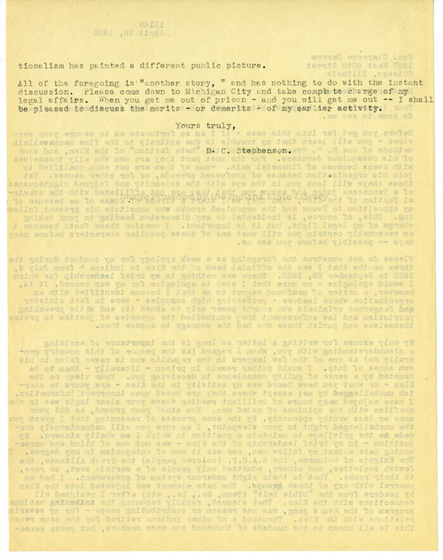 D. C. Stephenson to Clarence Darrow, April 18, 1930, page two