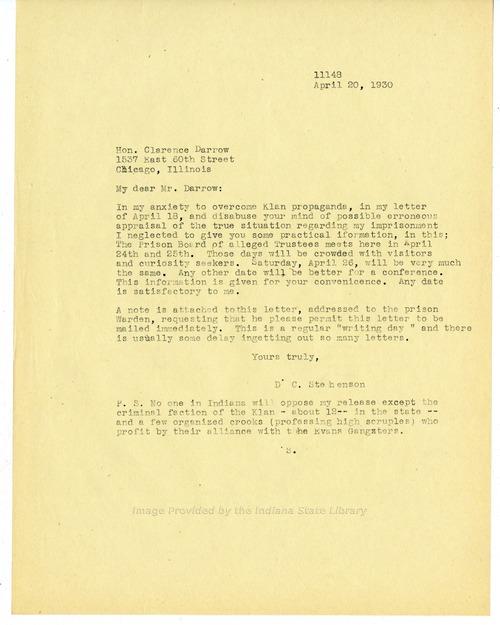 D. C. Stephenson to Clarence Darrow, April 20, 1930